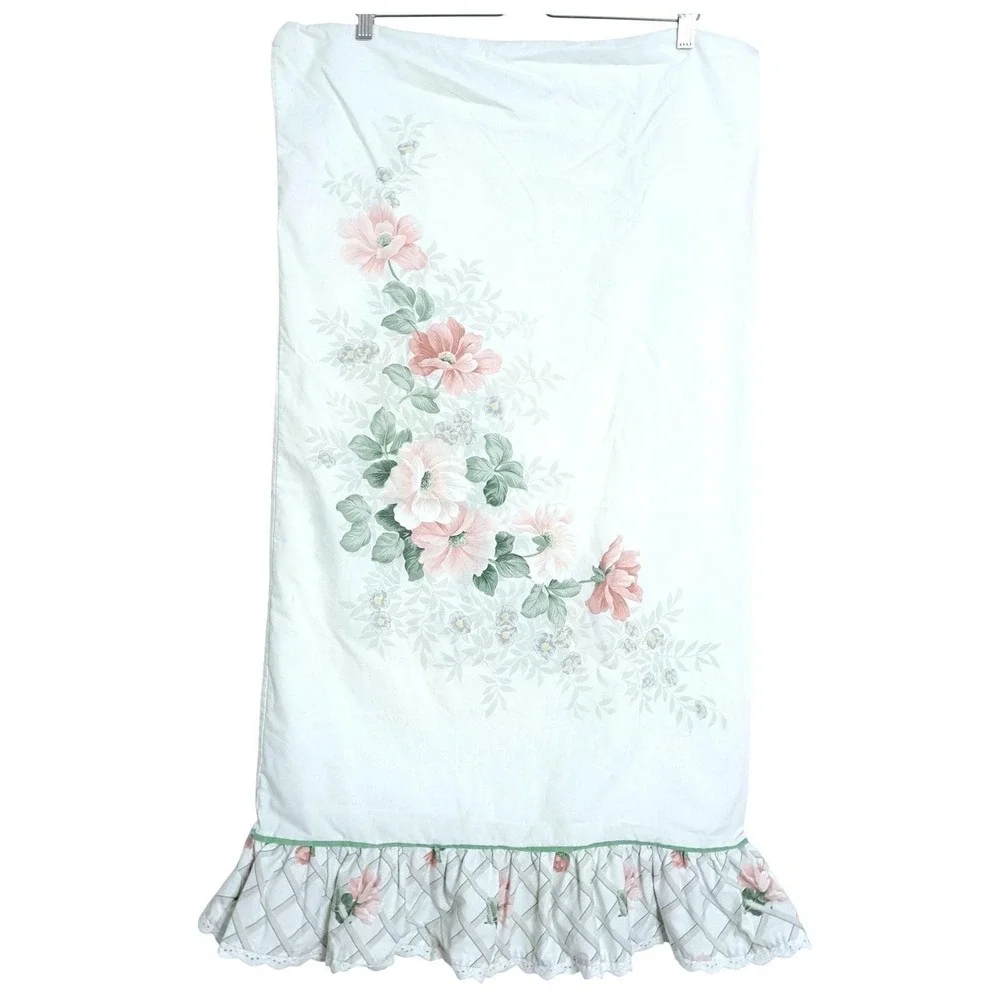 Vintage King Pillowcase White Pink Floral Ruffle Eyelet Lace Cottagecore Trim‎